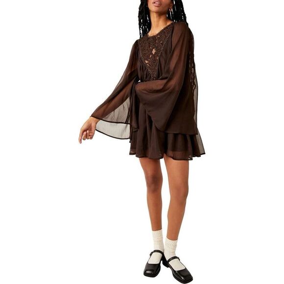 Free People Sunshine of Love Long Sleeve Minidress Black Coffee Size Large NWT - Picture 1 of 12